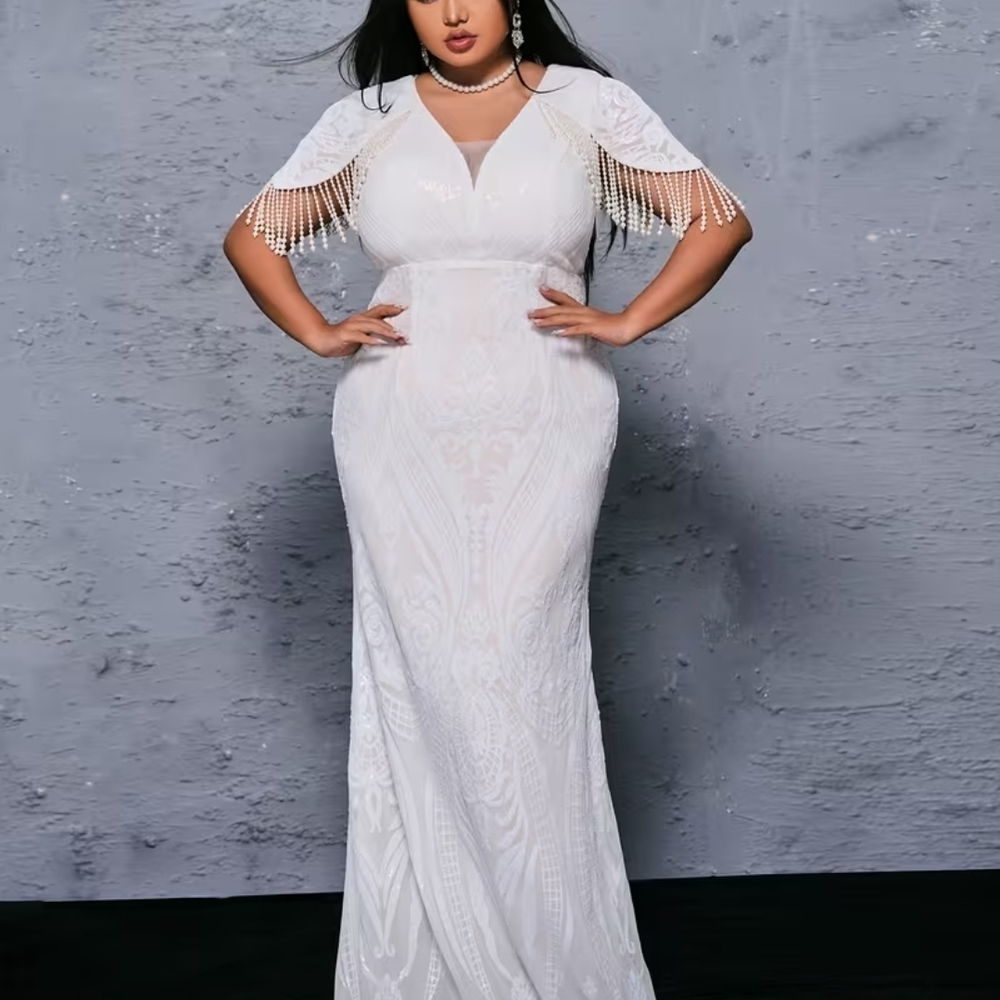 Source Unknown Elegant White Maxi Dress with Beaded Sleeves